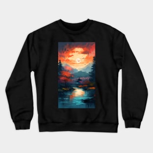 Serene Sunset over a River in a Vibrant Japanese Forest Crewneck Sweatshirt